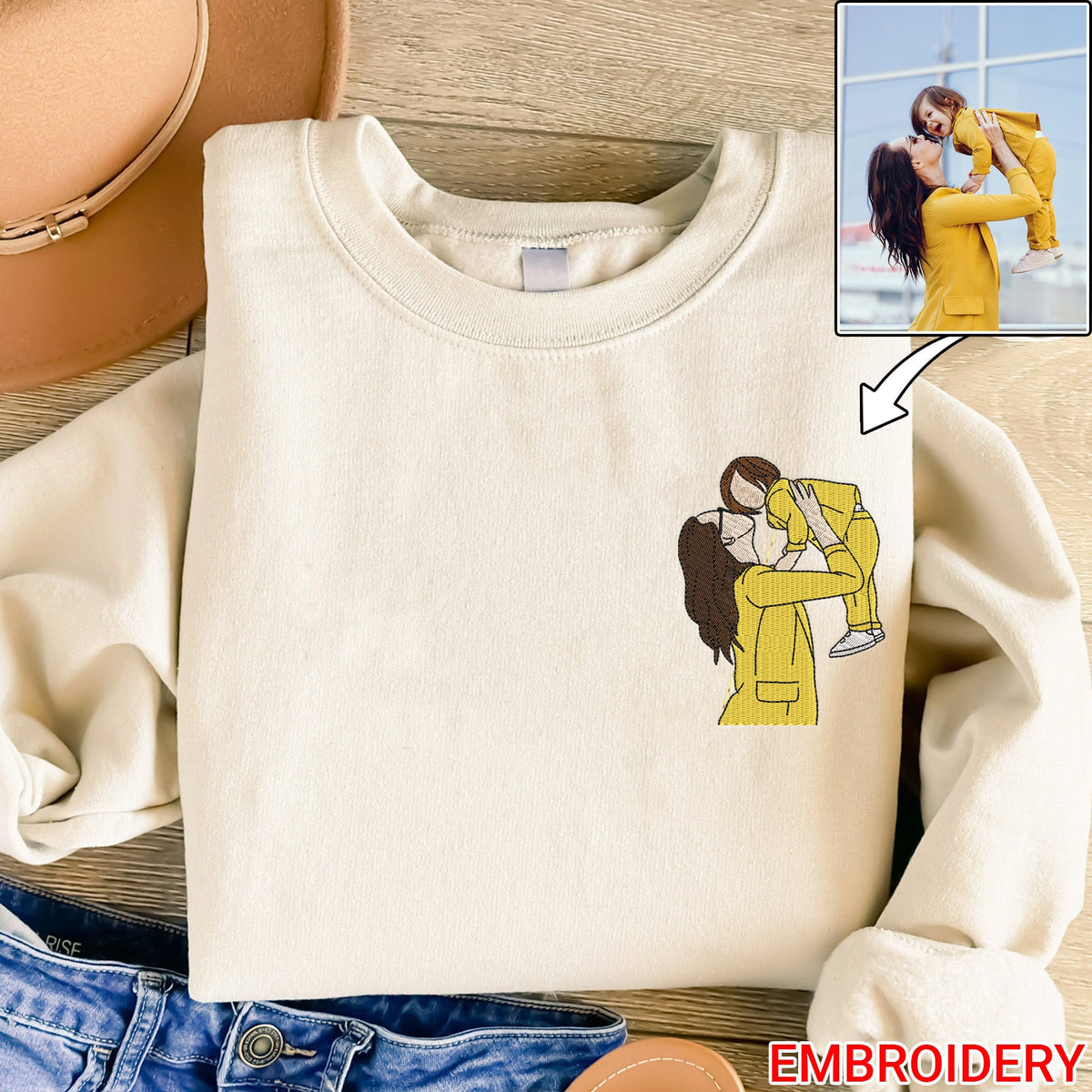 💖Custom Embroidered Mom Sweatshirt With Portrait From Photo, Portrait Embroidered Sweatshirt