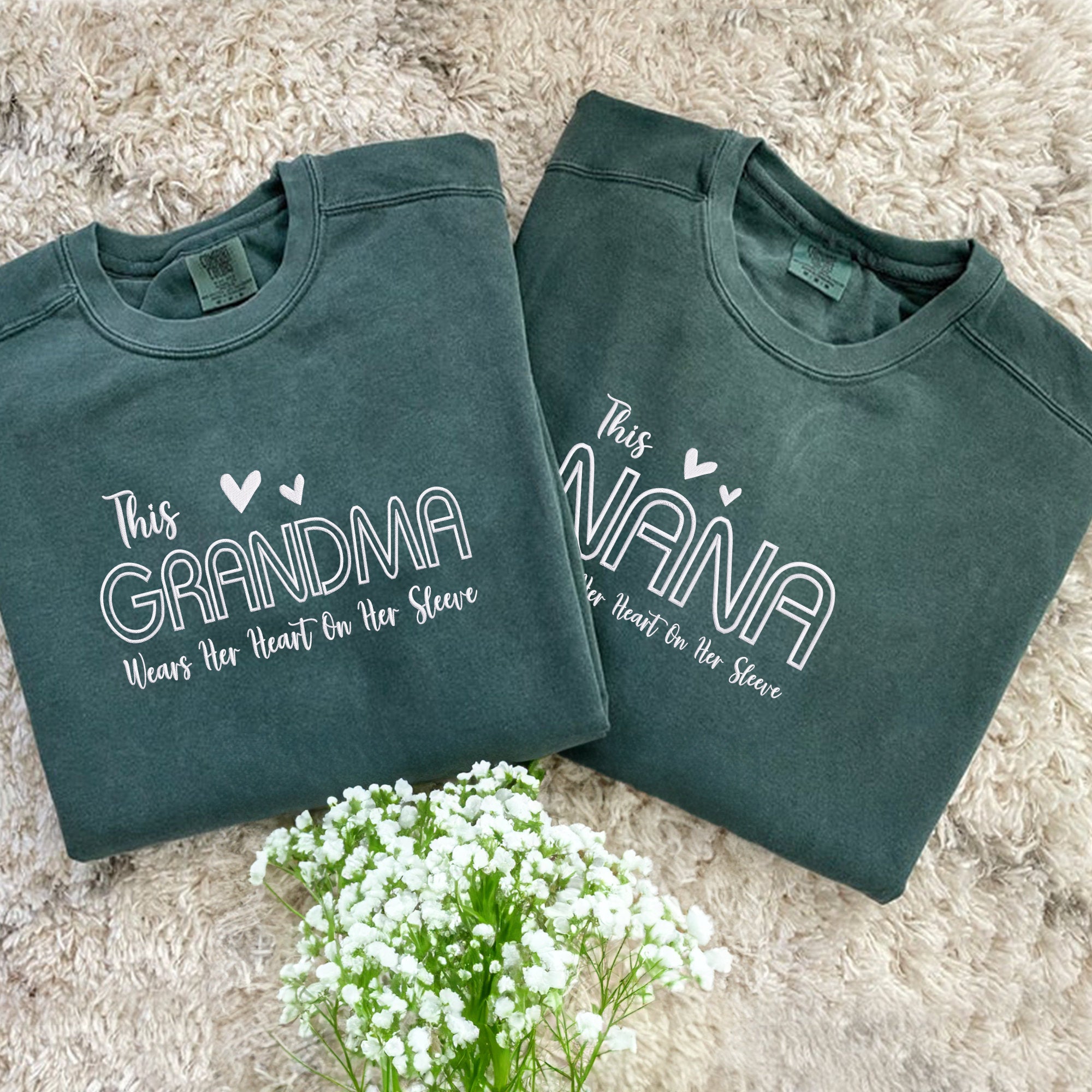 This Mama Wears Her Heart On Her Sleeve Embroidery Sweatshirt with Names