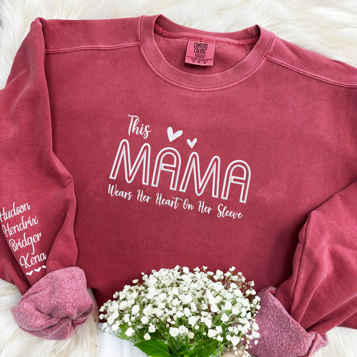 This Mama Wears Her Heart On Her Sleeve Embroidery Sweatshirt with Names