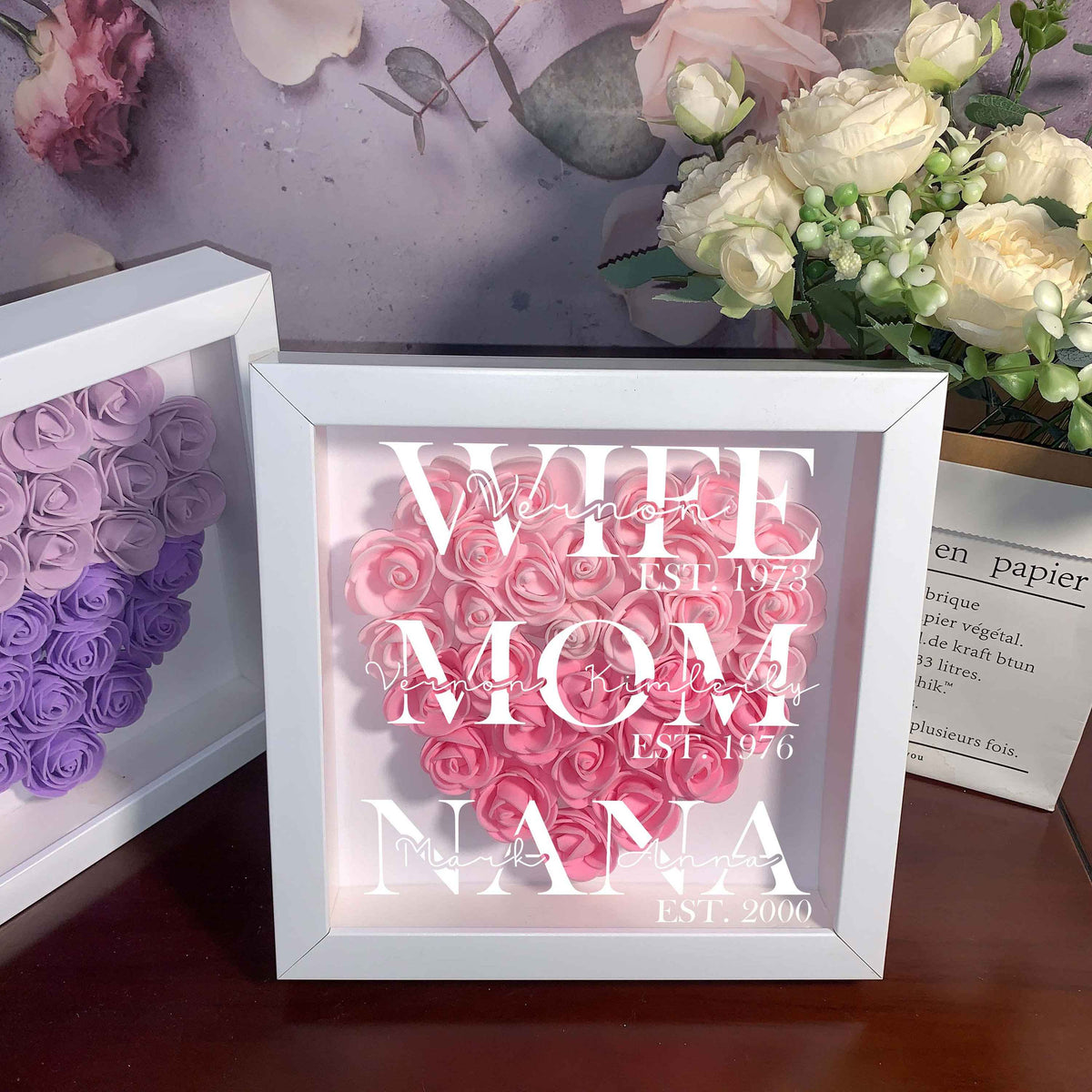 Wife Mom Grandma, Personalized Heart Flower Shadow Box, Rose Frame Box, Mother's Day Gift