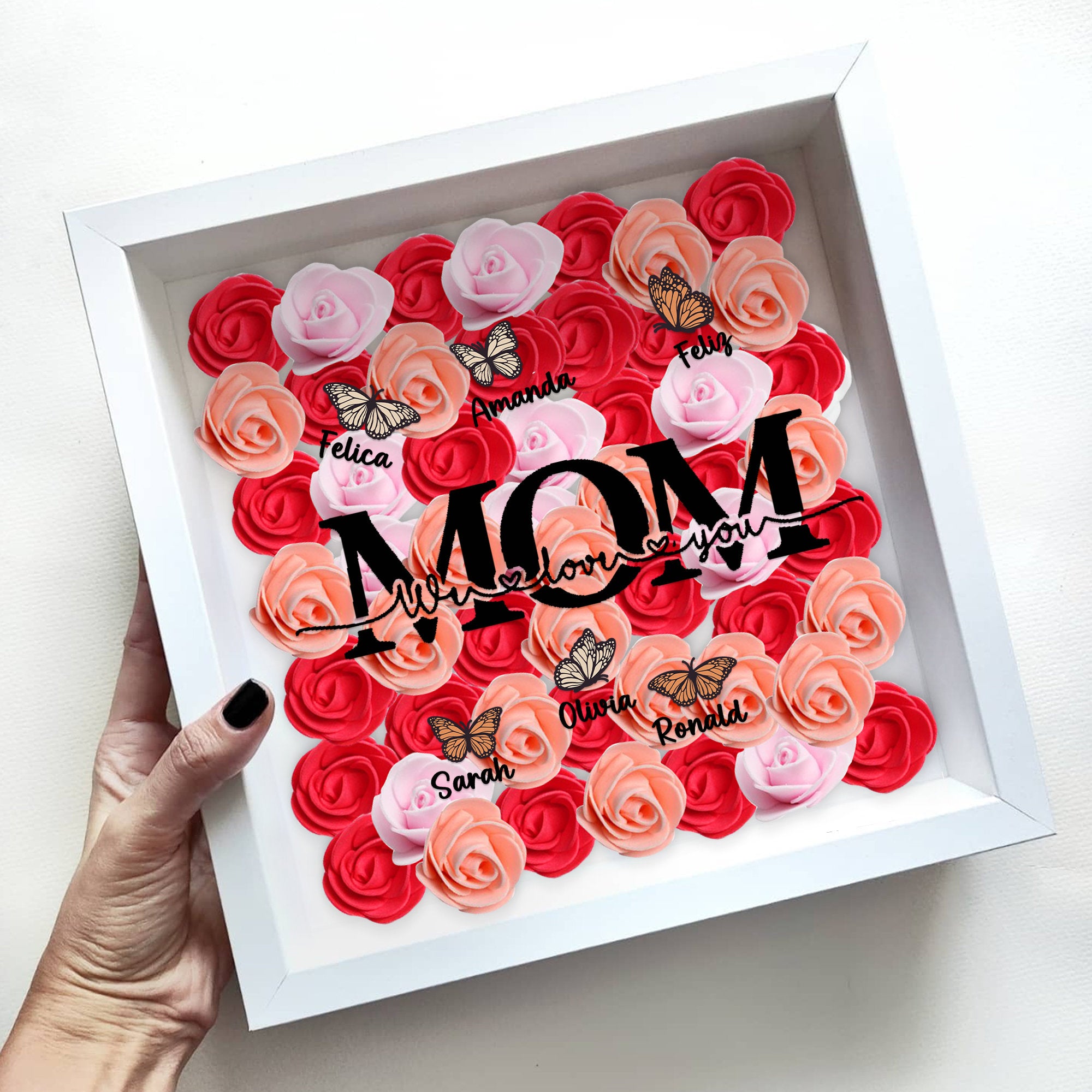 Custom Mom We Love You Rose Shadow Box With Butterfly Kids Names, Gifts For Mother's Day