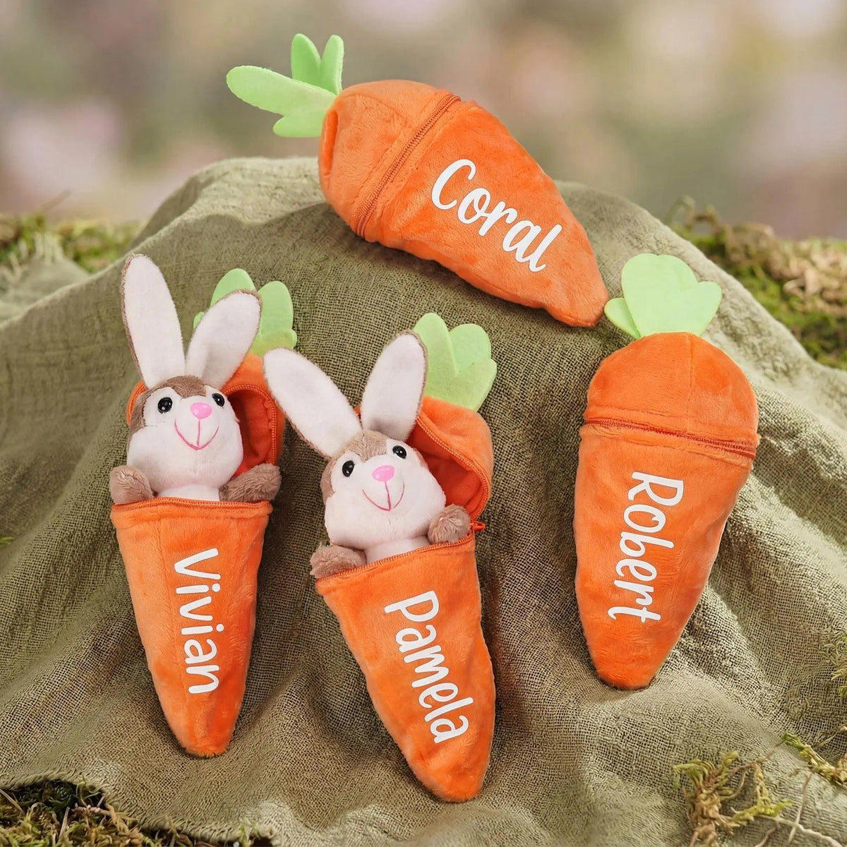 Personalized Bunny in Carrot Keychain — Plush Reversible Rabbit Charm, Custom Name Stuffed Keychain & Bag Charm