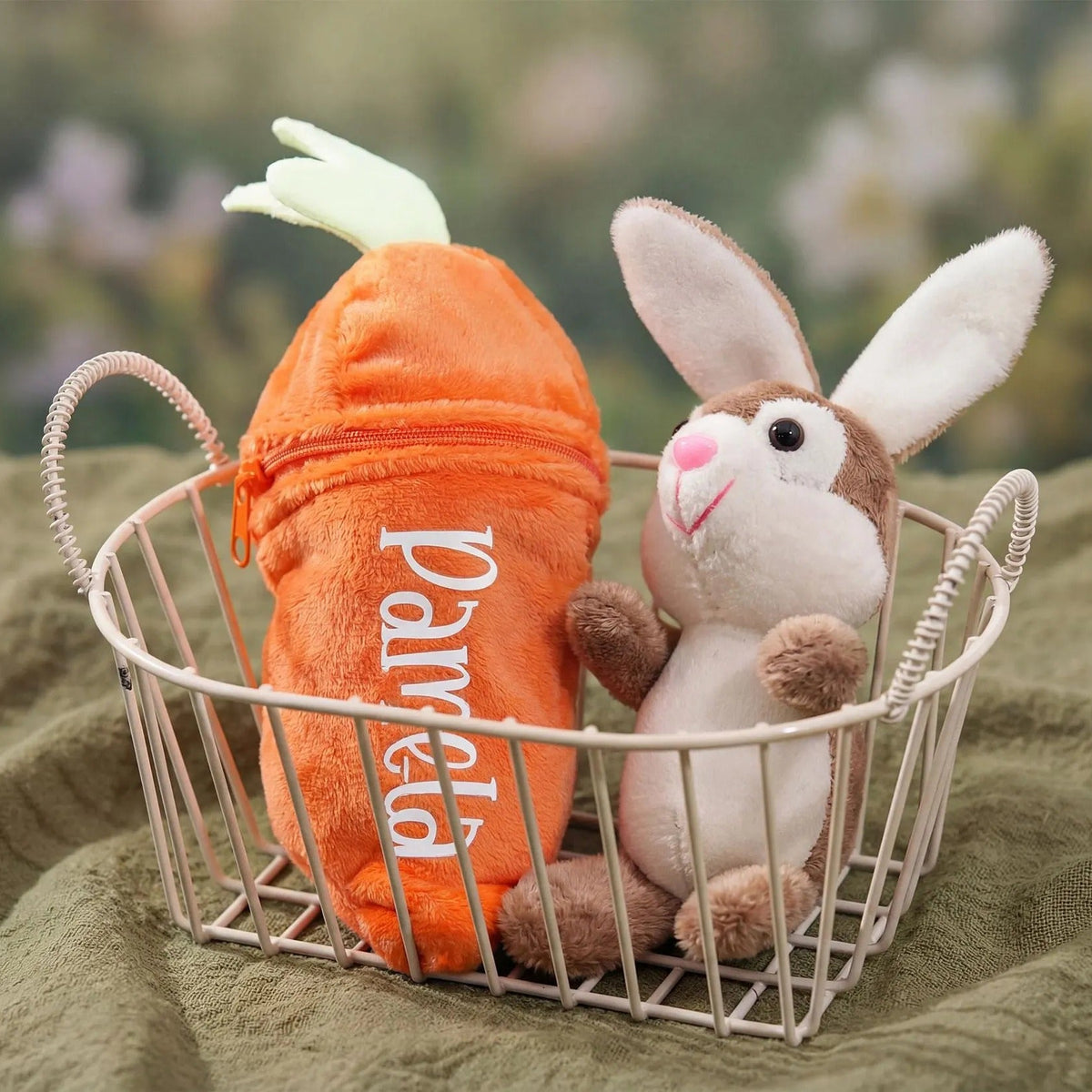 Personalized Bunny in Carrot Keychain — Plush Reversible Rabbit Charm, Custom Name Stuffed Keychain & Bag Charm