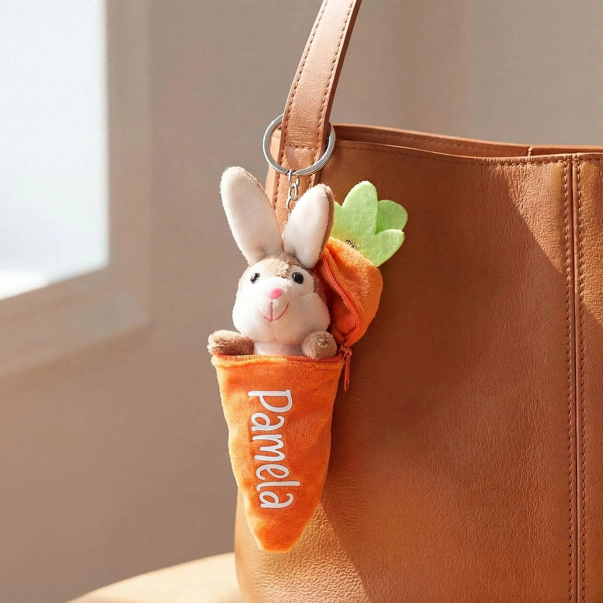 Personalized Bunny in Carrot Keychain — Plush Reversible Rabbit Charm, Custom Name Stuffed Keychain & Bag Charm