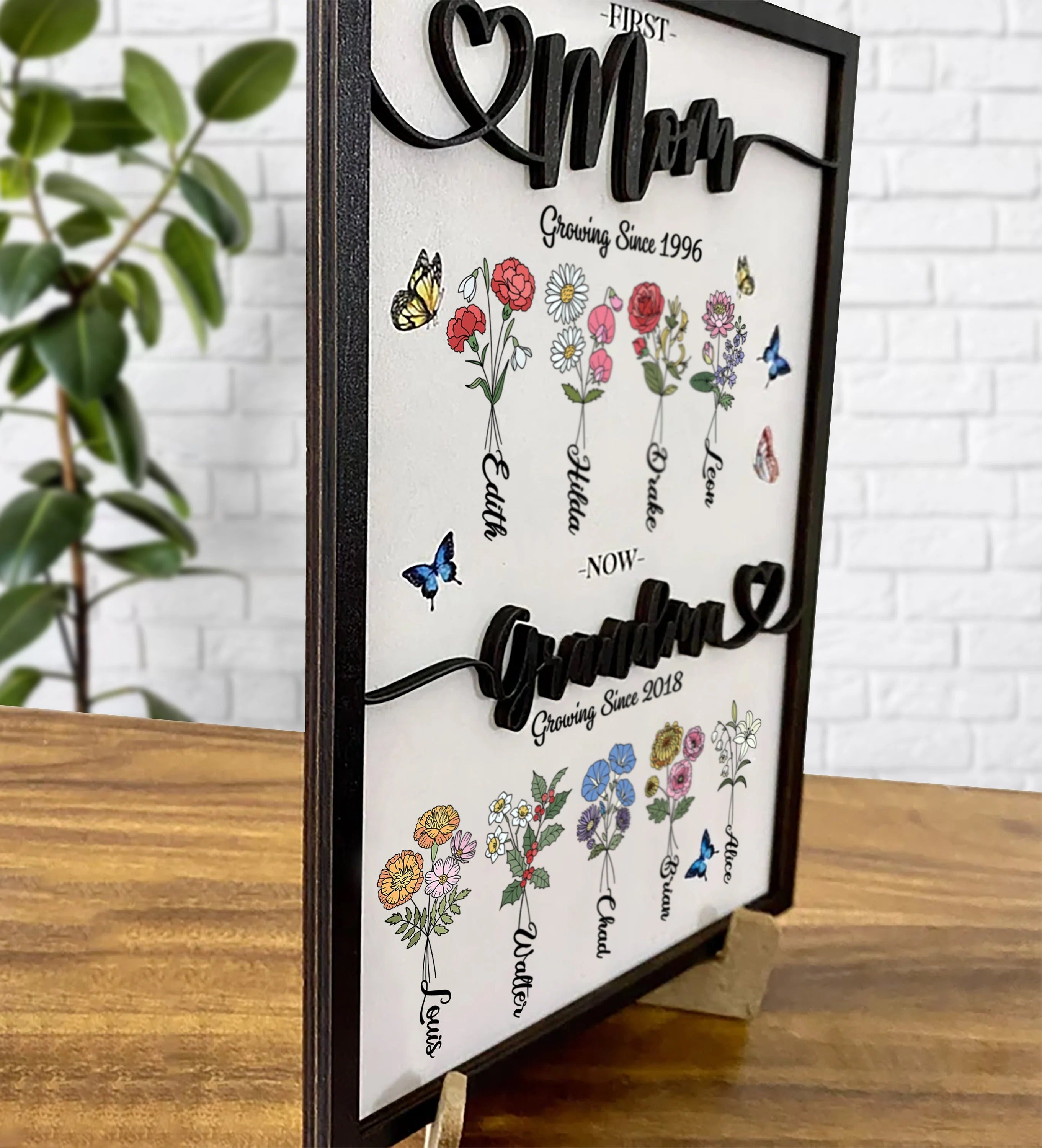 Customized First Mom Now Grandma Wood Sign, Birth Month Flowers Board Sign, Grandma Wooden Sign