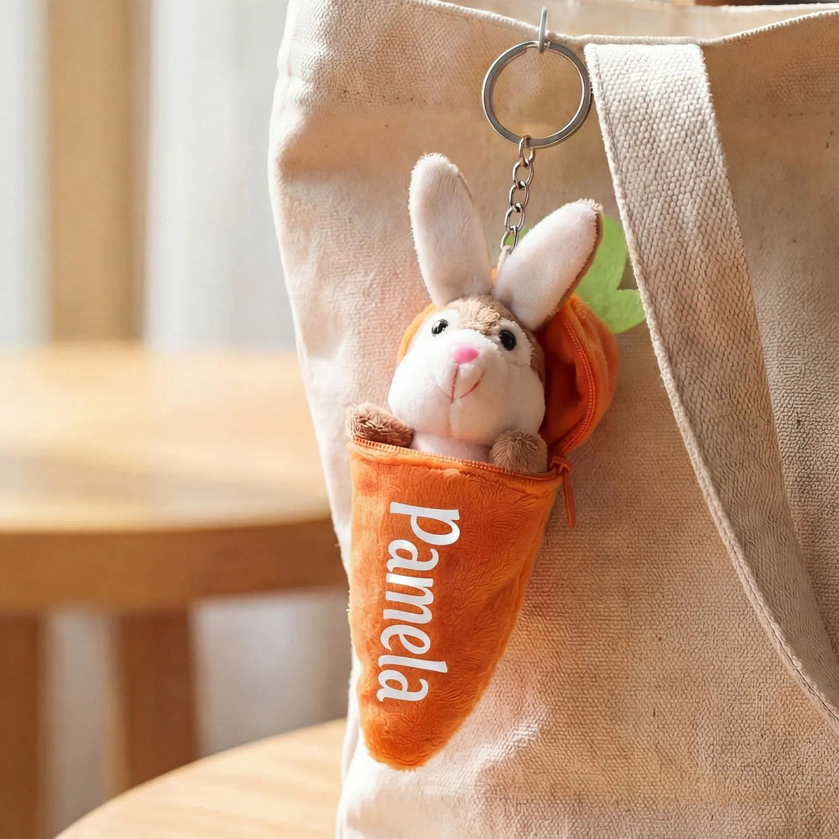 Personalized Bunny in Carrot Keychain — Plush Reversible Rabbit Charm, Custom Name Stuffed Keychain & Bag Charm