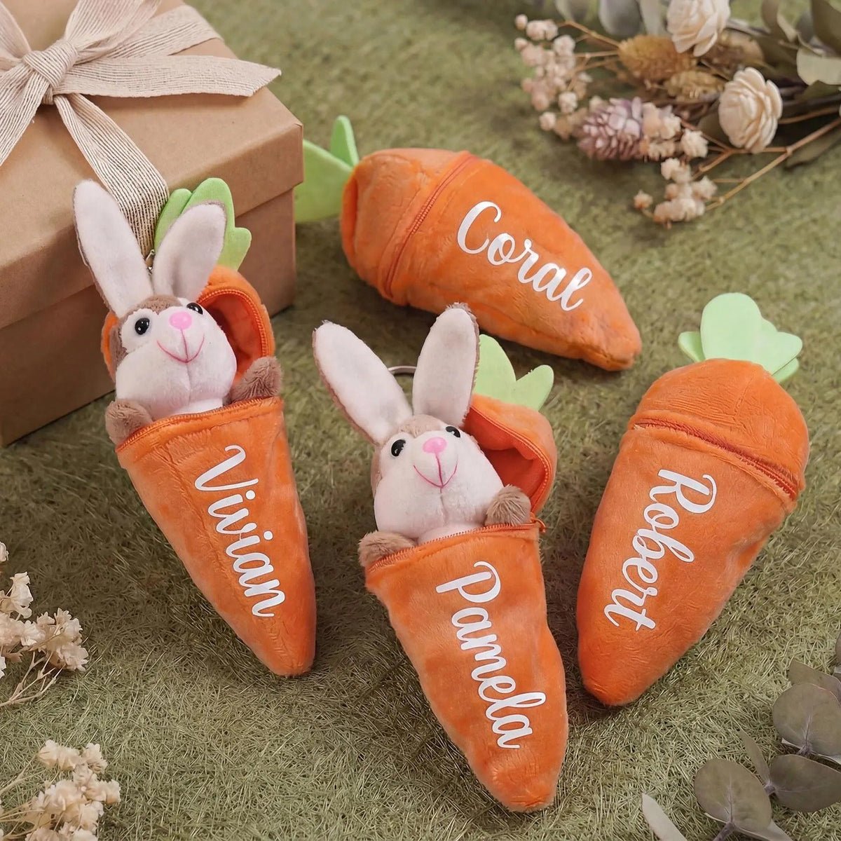Personalized Bunny in Carrot Keychain — Plush Reversible Rabbit Charm, Custom Name Stuffed Keychain & Bag Charm