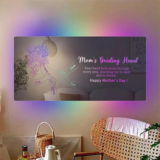 (Rose, Sunflower & Orchid) Personalized Mom Holding Hands Mirror Light - Custom Mother‘s Day Gifts for Mom