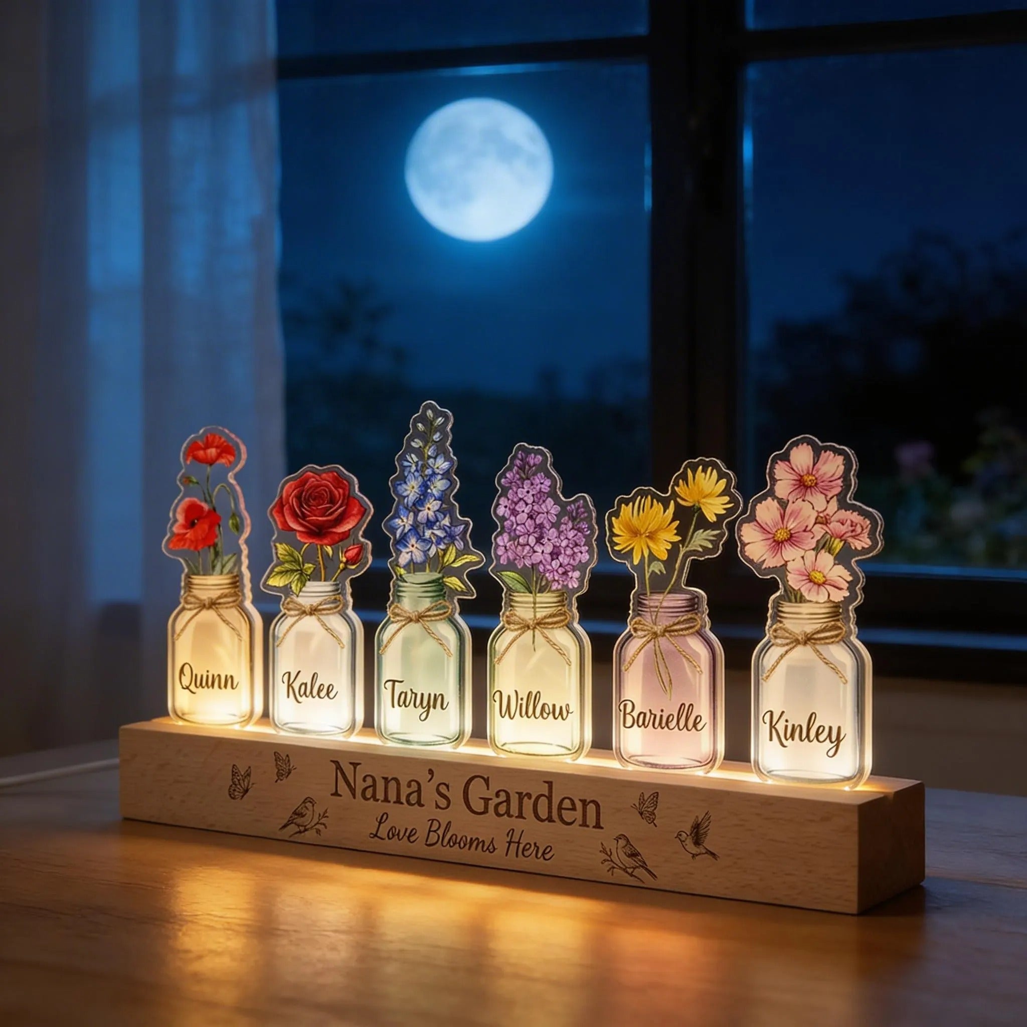 Custom Grandma's Garden Birth Month Flowers Acrylic LED Night Light, Gift for Mom Grandma
