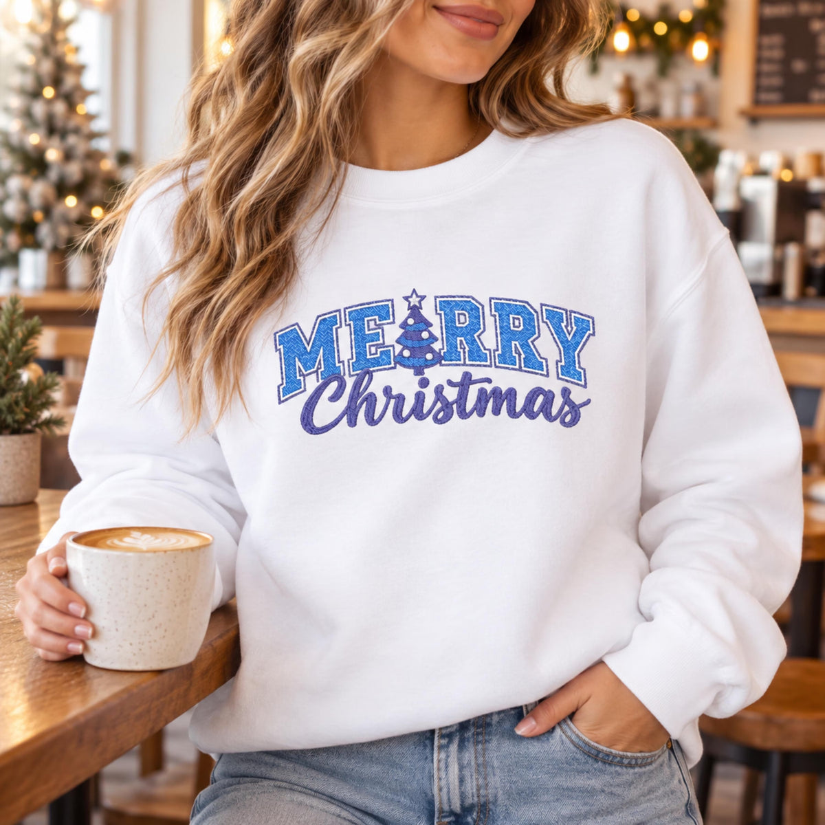 Christmas Crewneck Sweatshirt — Navy Embroidered Design, Available in Multiple Colors, Festive Holiday Pullover