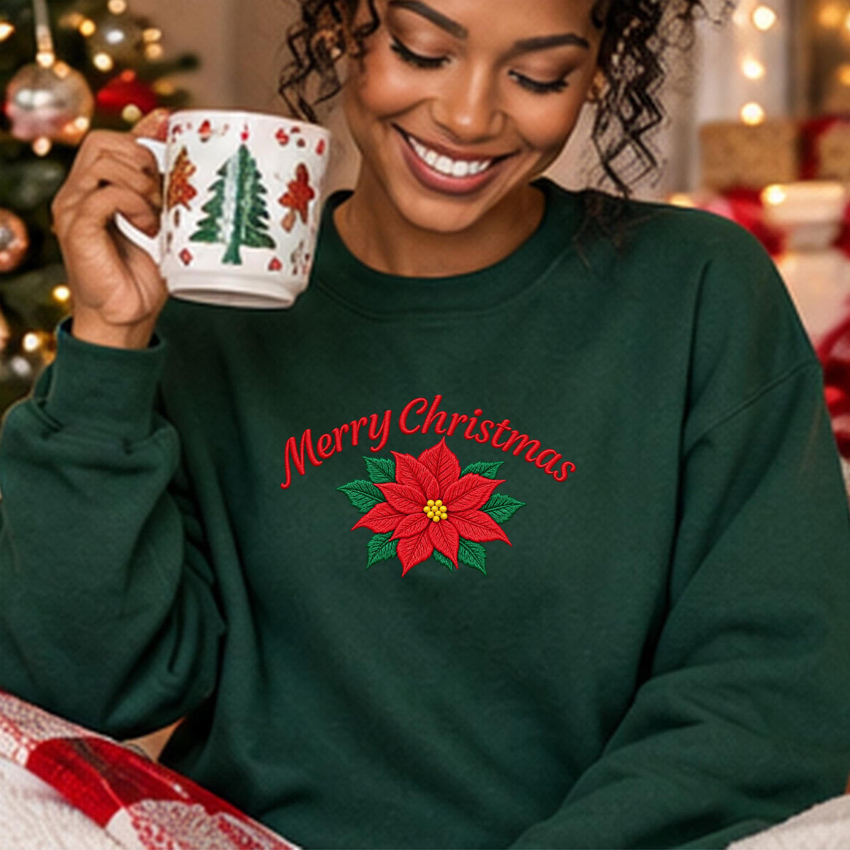Christmas Sweatshirt with Poinsettia Embroidery — Festive Crewneck, Holiday Pullover for Women & Men