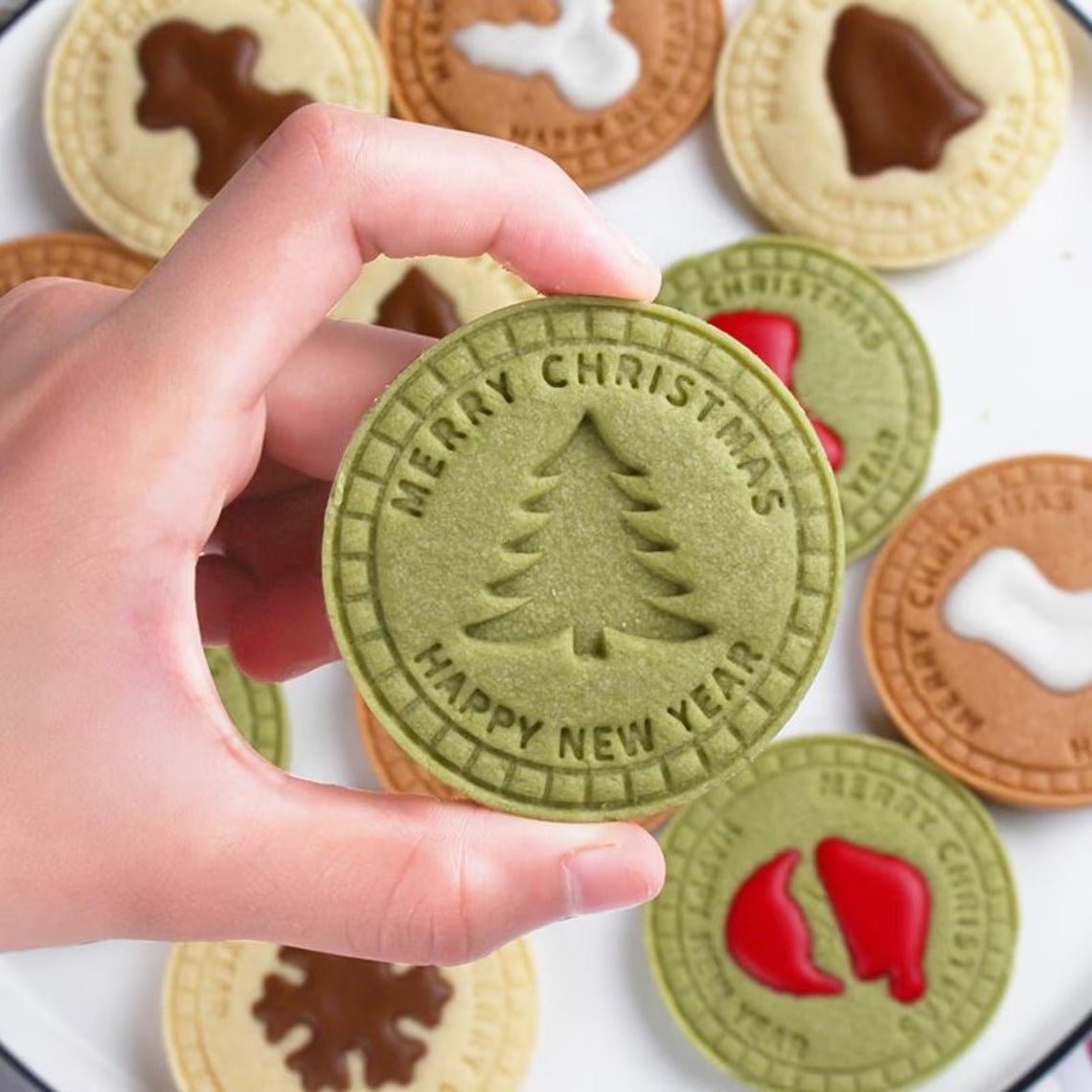 Merry Christmas Cookie Stamp Set (10pcs) — Holiday Baking Embosser, Reindeer Snowflake Tree Angel Designs