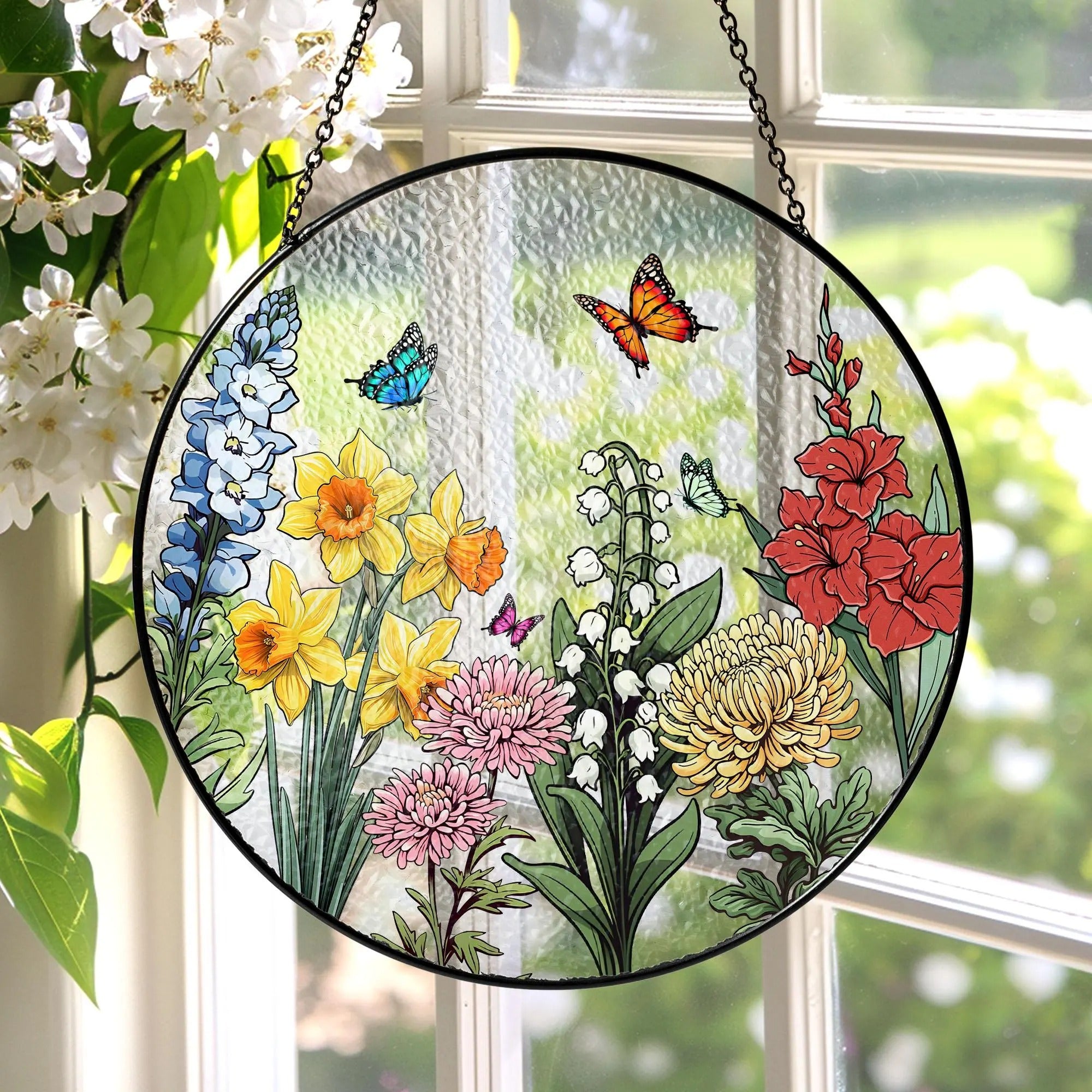 Custom Family Birth Flowers Glass Suncatcher, Custom Mom's Garden Gift,Flower Glass Art