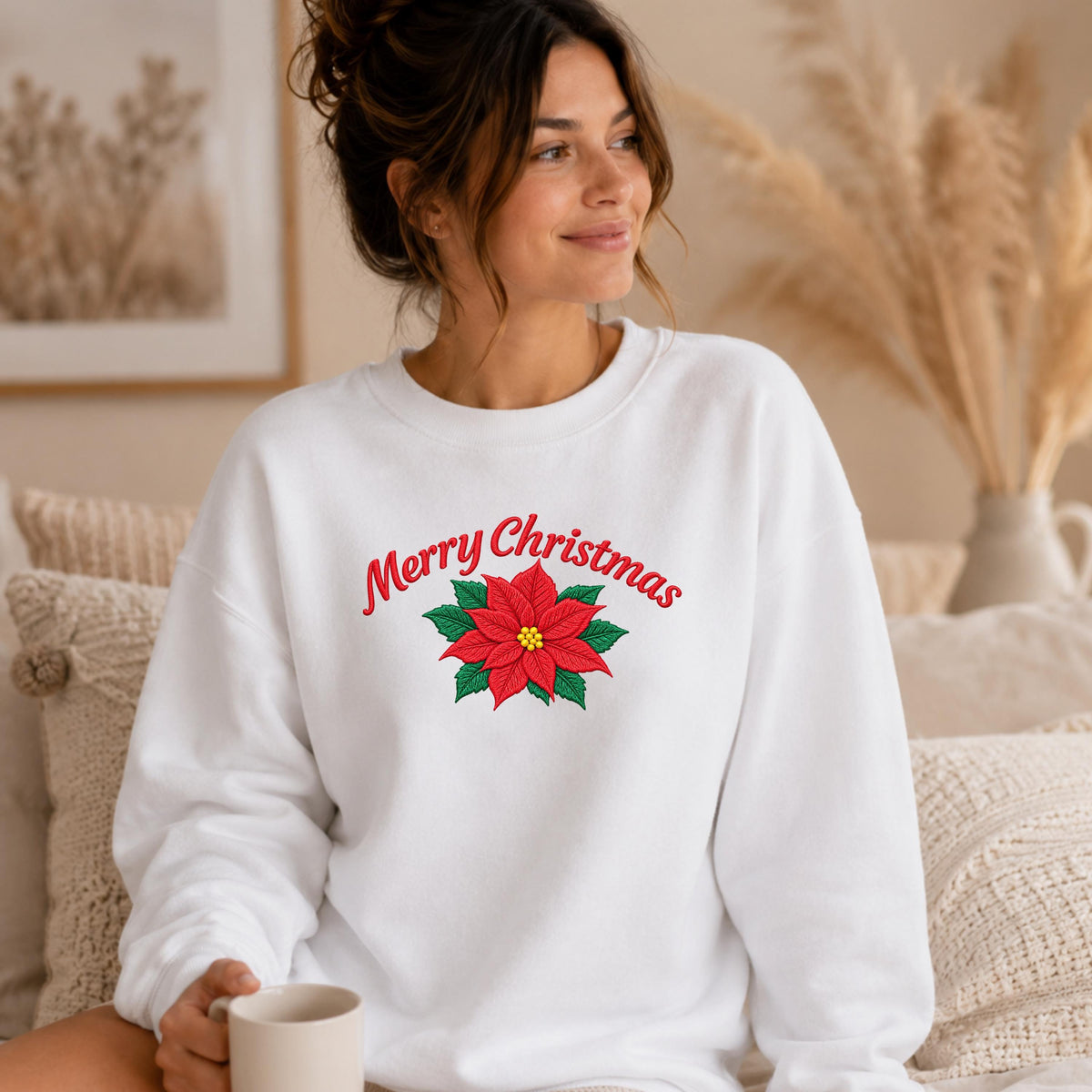 Christmas Sweatshirt with Poinsettia Embroidery — Festive Crewneck, Holiday Pullover for Women & Men