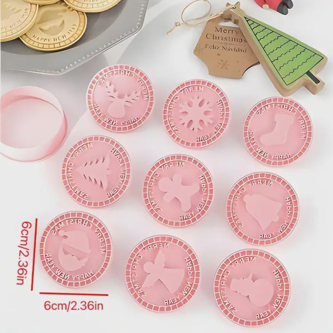 Merry Christmas Cookie Stamp Set (10pcs) — Holiday Baking Embosser, Reindeer Snowflake Tree Angel Designs