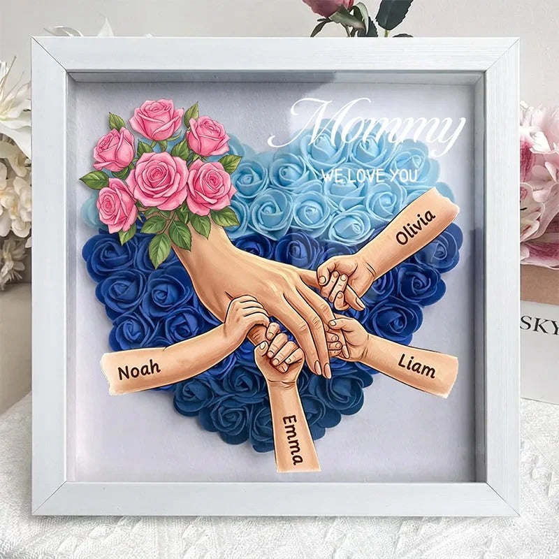 Pink Roses Personalized Mom Holding Hands Shadow Box – Custom Name Remembrance Frame, Mother’s Day In Loving Memory Gift