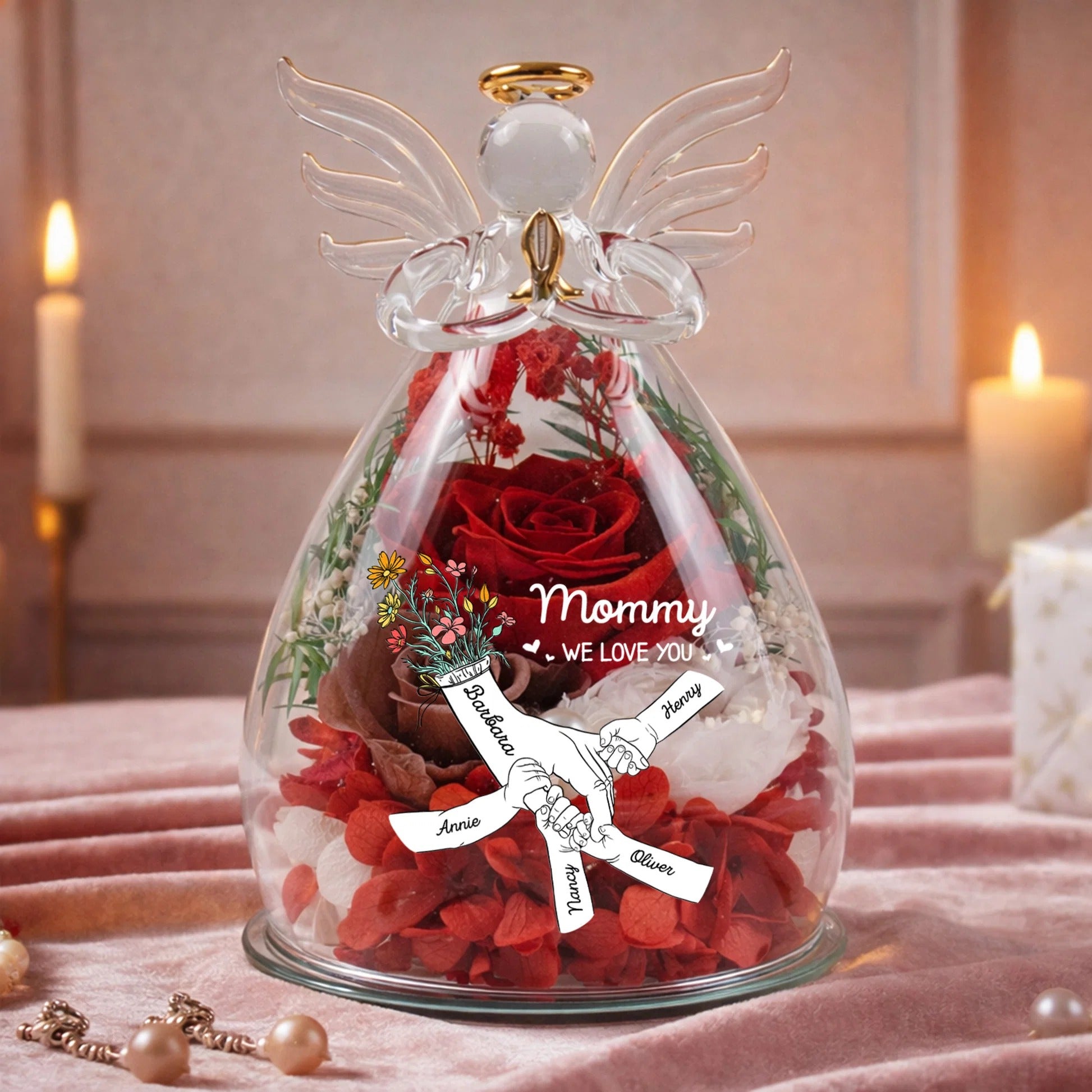 We Love You Holding Hands Mother's Day Gift For Wife, Mom, Grandma - Personalized Flower In Angel Figurines