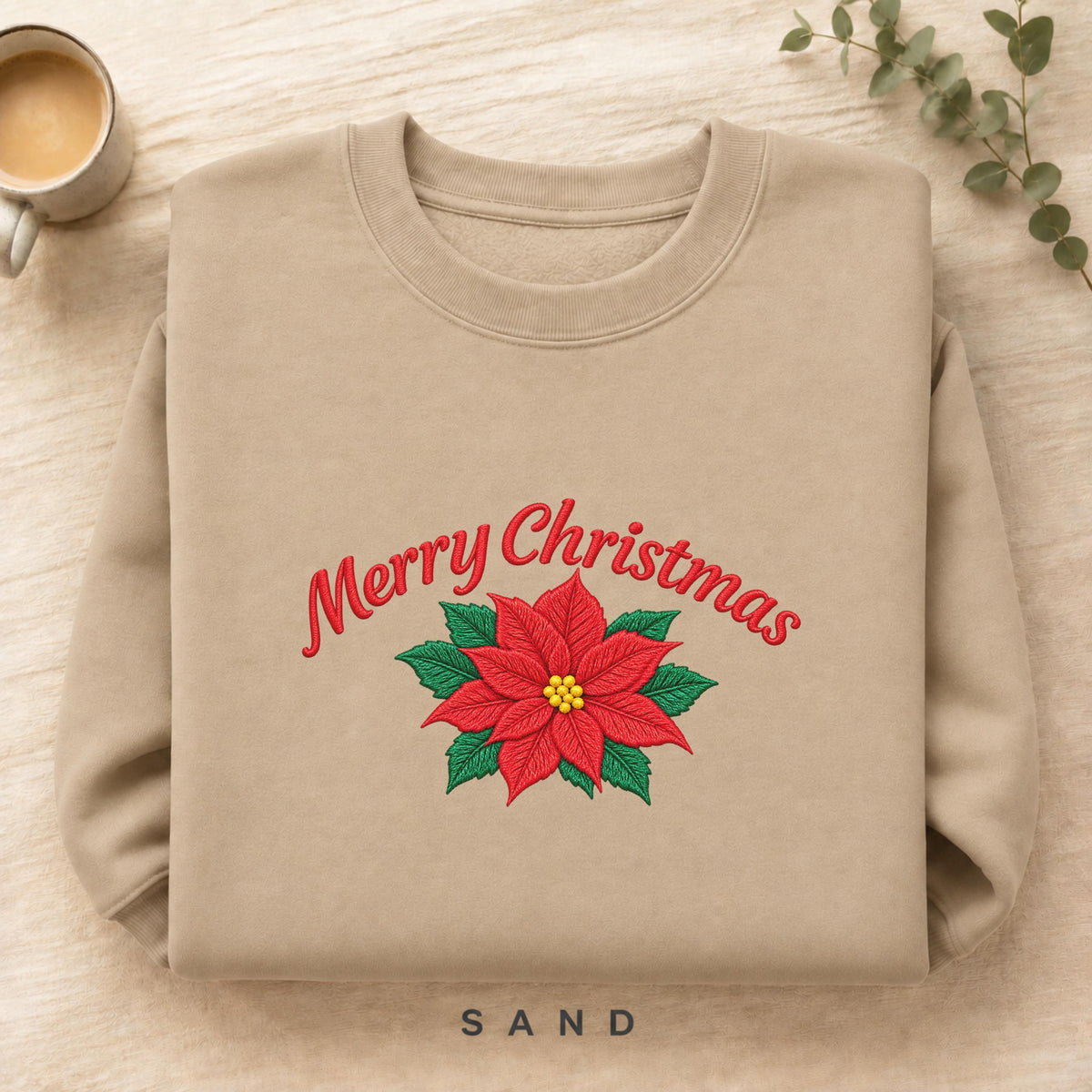 Christmas Sweatshirt with Poinsettia Embroidery — Festive Crewneck, Holiday Pullover for Women & Men