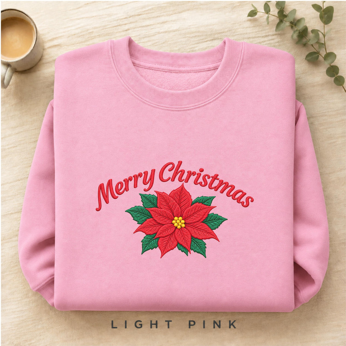 Christmas Sweatshirt with Poinsettia Embroidery — Festive Crewneck, Holiday Pullover for Women & Men