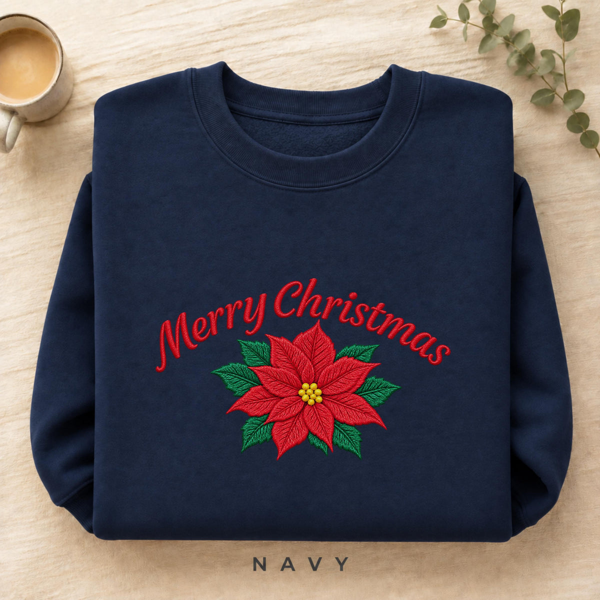 Christmas Sweatshirt with Poinsettia Embroidery — Festive Crewneck, Holiday Pullover for Women & Men