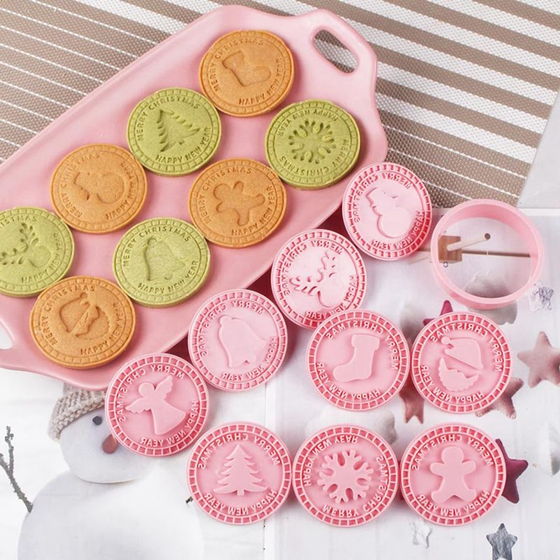 Merry Christmas Cookie Stamp Set (10pcs) — Holiday Baking Embosser, Reindeer Snowflake Tree Angel Designs