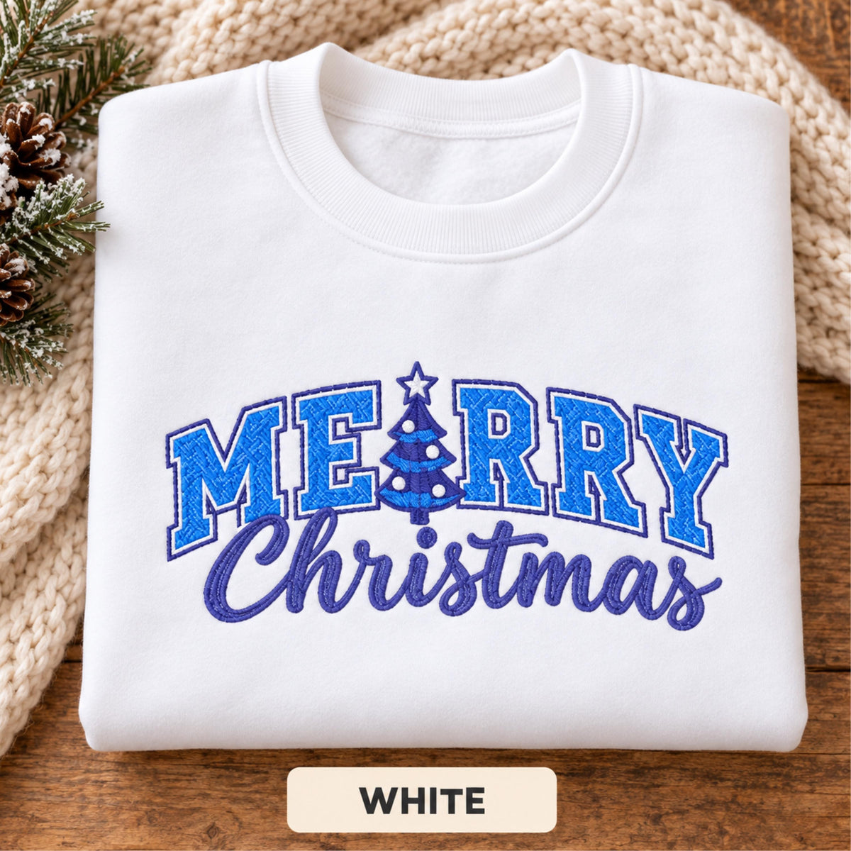 Christmas Crewneck Sweatshirt — Navy Embroidered Design, Available in Multiple Colors, Festive Holiday Pullover