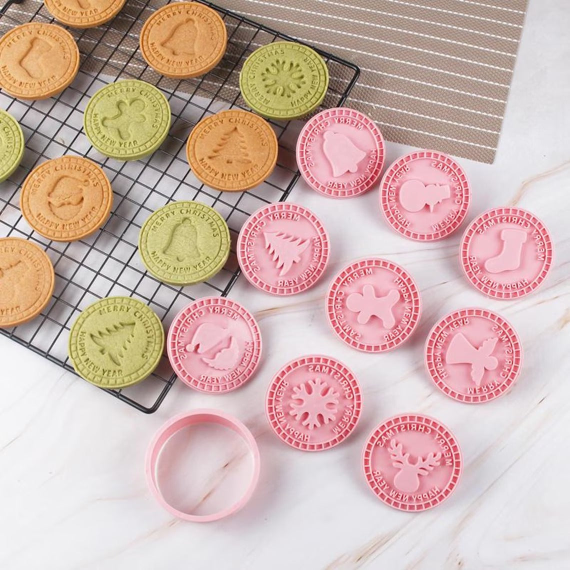 Merry Christmas Cookie Stamp Set (10pcs) — Holiday Baking Embosser, Reindeer Snowflake Tree Angel Designs