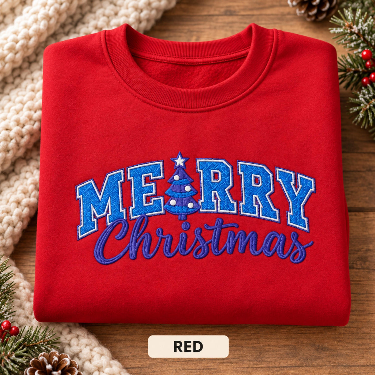 Christmas Crewneck Sweatshirt — Navy Embroidered Design, Available in Multiple Colors, Festive Holiday Pullover