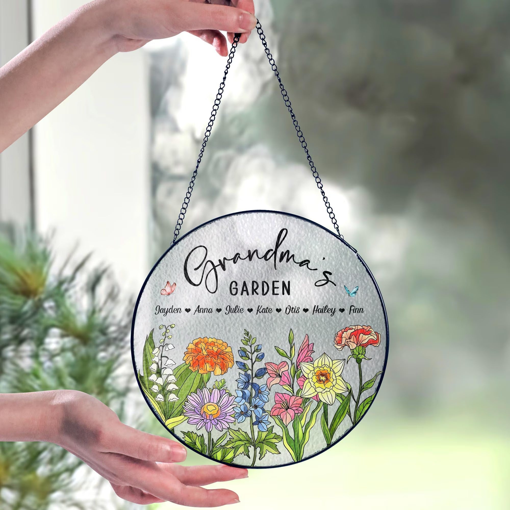 Custom Birth Flowers Glass Art Suncatcher, Grandma's Garden Gift, Mother's Day Gift, Grandma Gift From Grandkids, Wall Window Decor