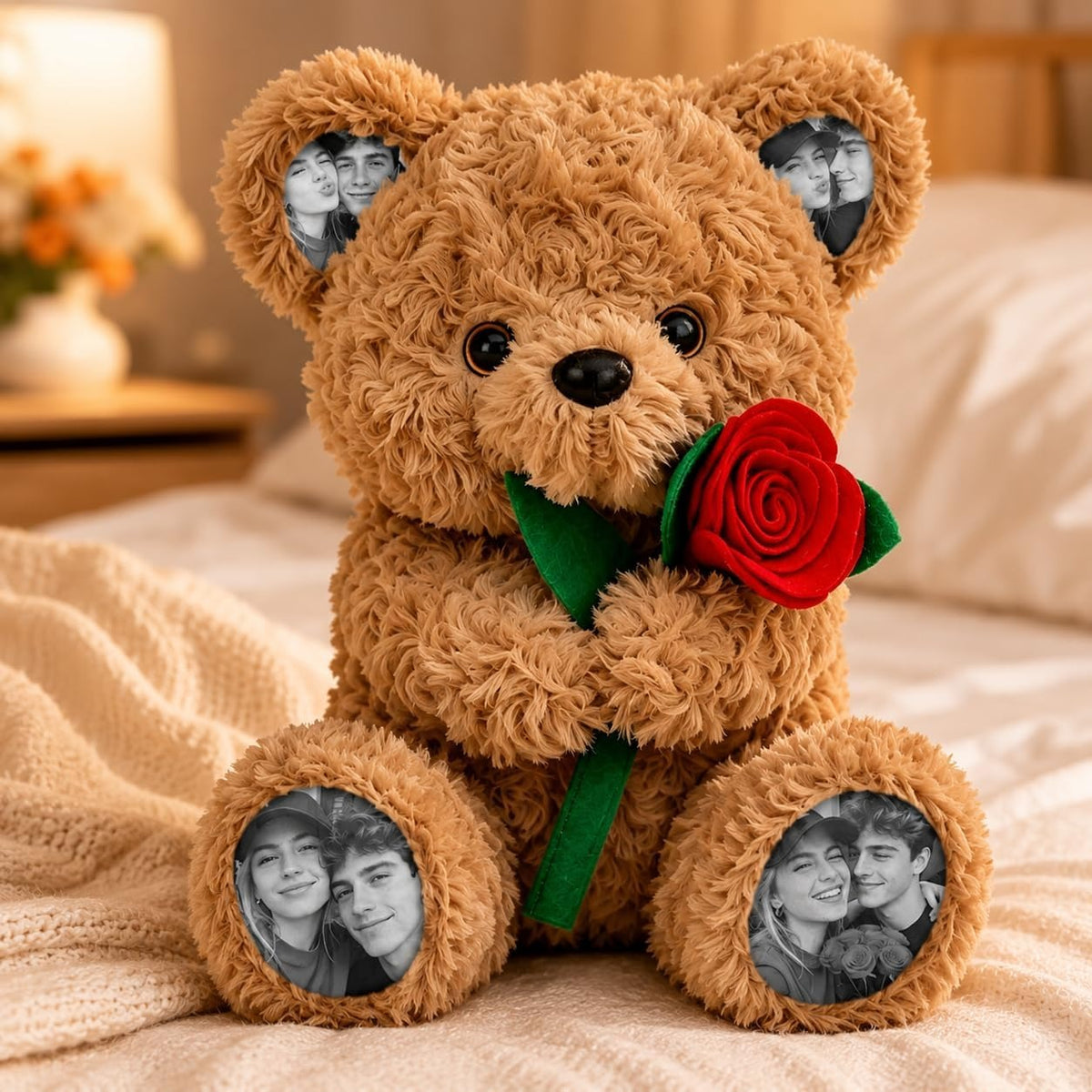 Custom Photo Teddy Bear with Rose Personalized Plush Bear with Pictures on Ears & Feet, Romantic Gift for Couple, Valentine's Day, Anniversary, Birthday
