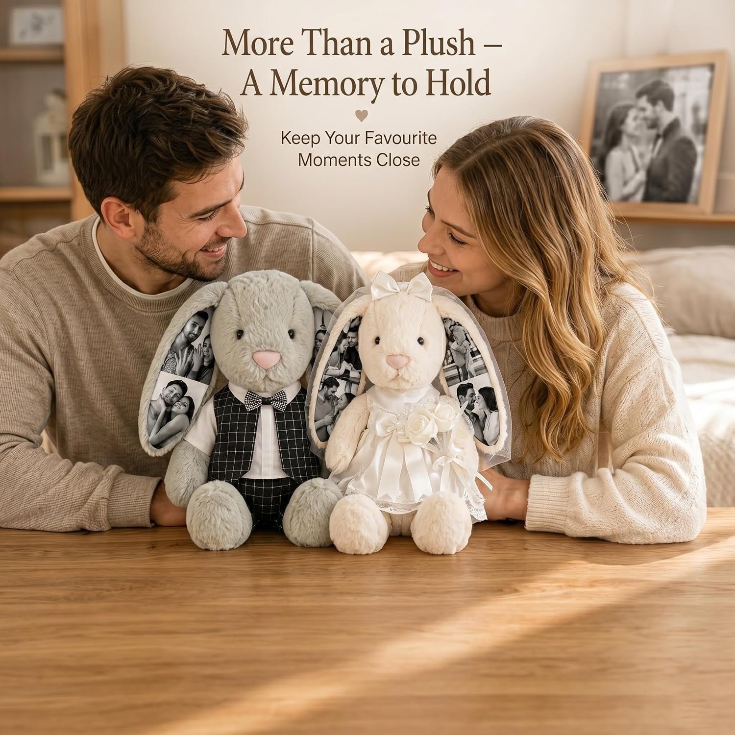 Custom Photo Wedding Bunny Plush Personalized Bride & Groom Bunny Stuffed Animal, Anniversary Wedding Gift for Couples