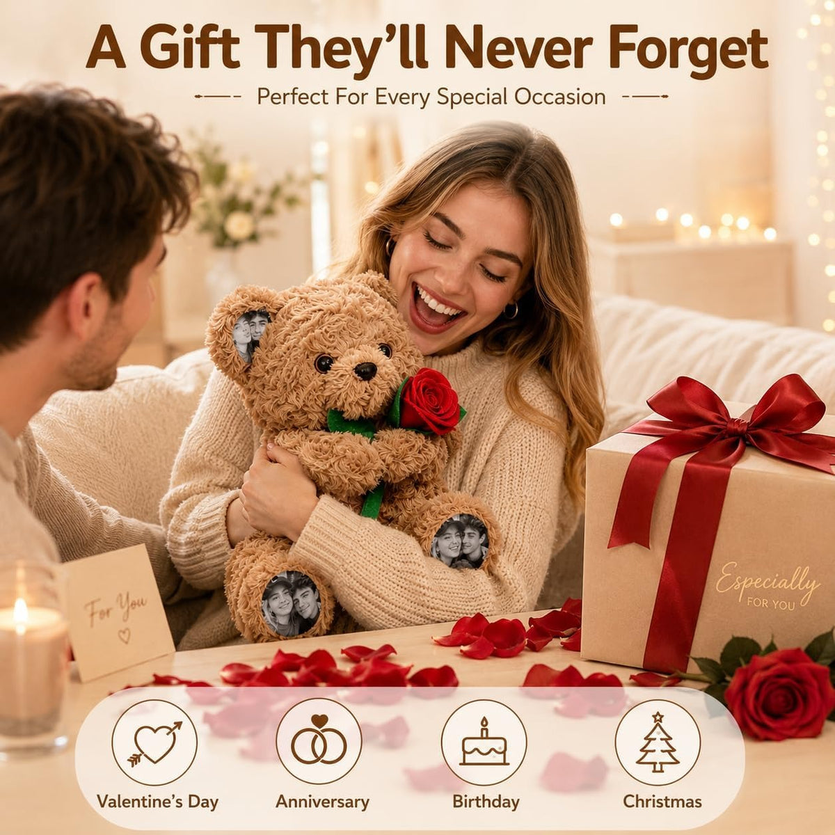 Custom Photo Teddy Bear with Rose Personalized Plush Bear with Pictures on Ears & Feet, Romantic Gift for Couple, Valentine's Day, Anniversary, Birthday