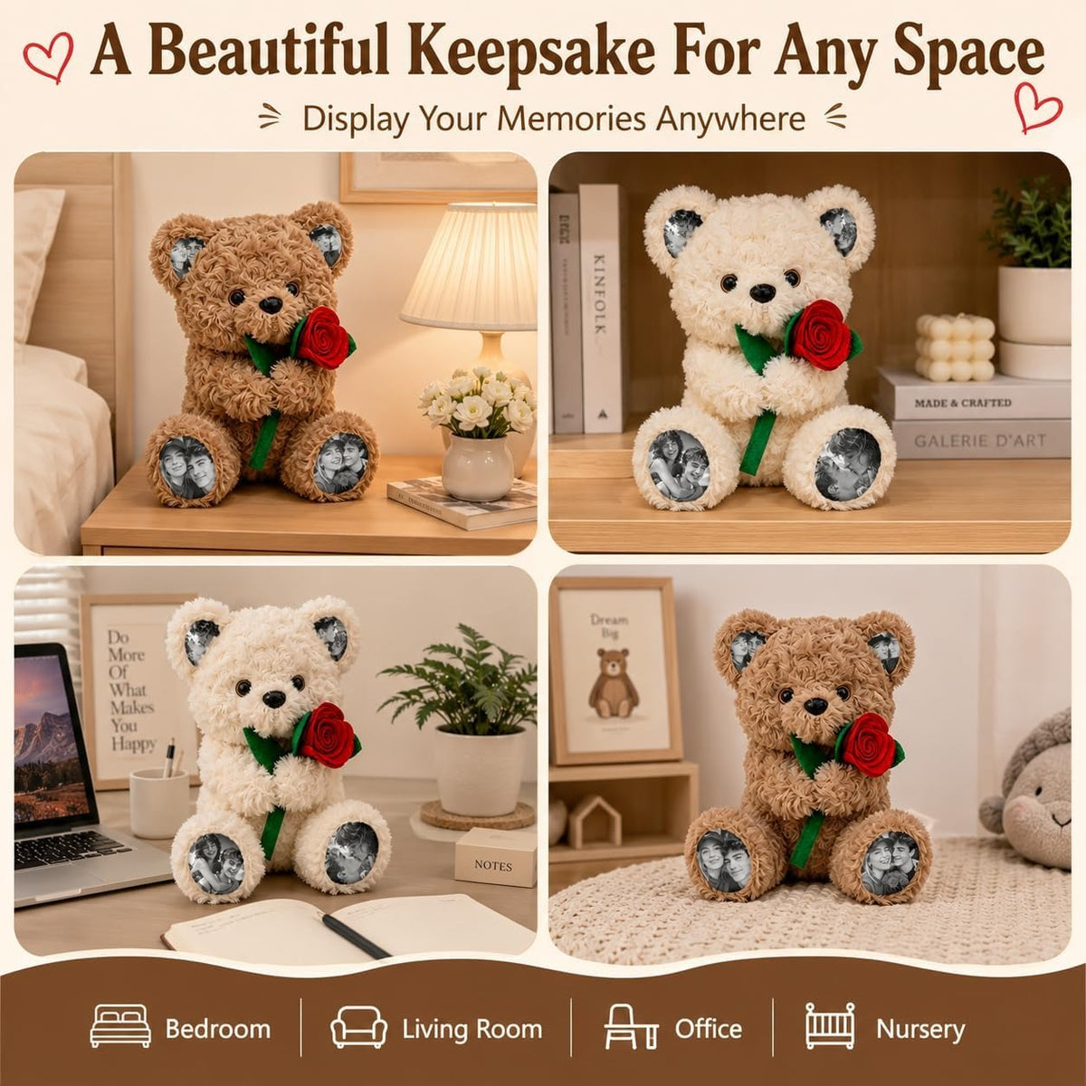 Custom Photo Teddy Bear with Rose Personalized Plush Bear with Pictures on Ears & Feet, Romantic Gift for Couple, Valentine's Day, Anniversary, Birthday