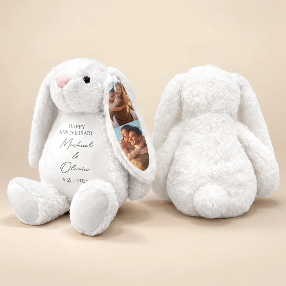 Custom Photo "Forever & Always" Long-Ear Bunny — Personalized Stuffed Animal & Christmas Gift for Couples