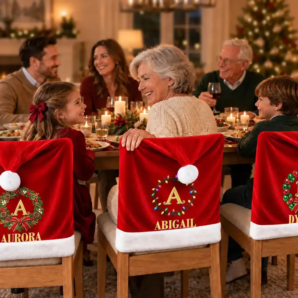 Personalized Christmas Hat Chair Cover — Gold Initial Holly Wreath Holiday Table Decor