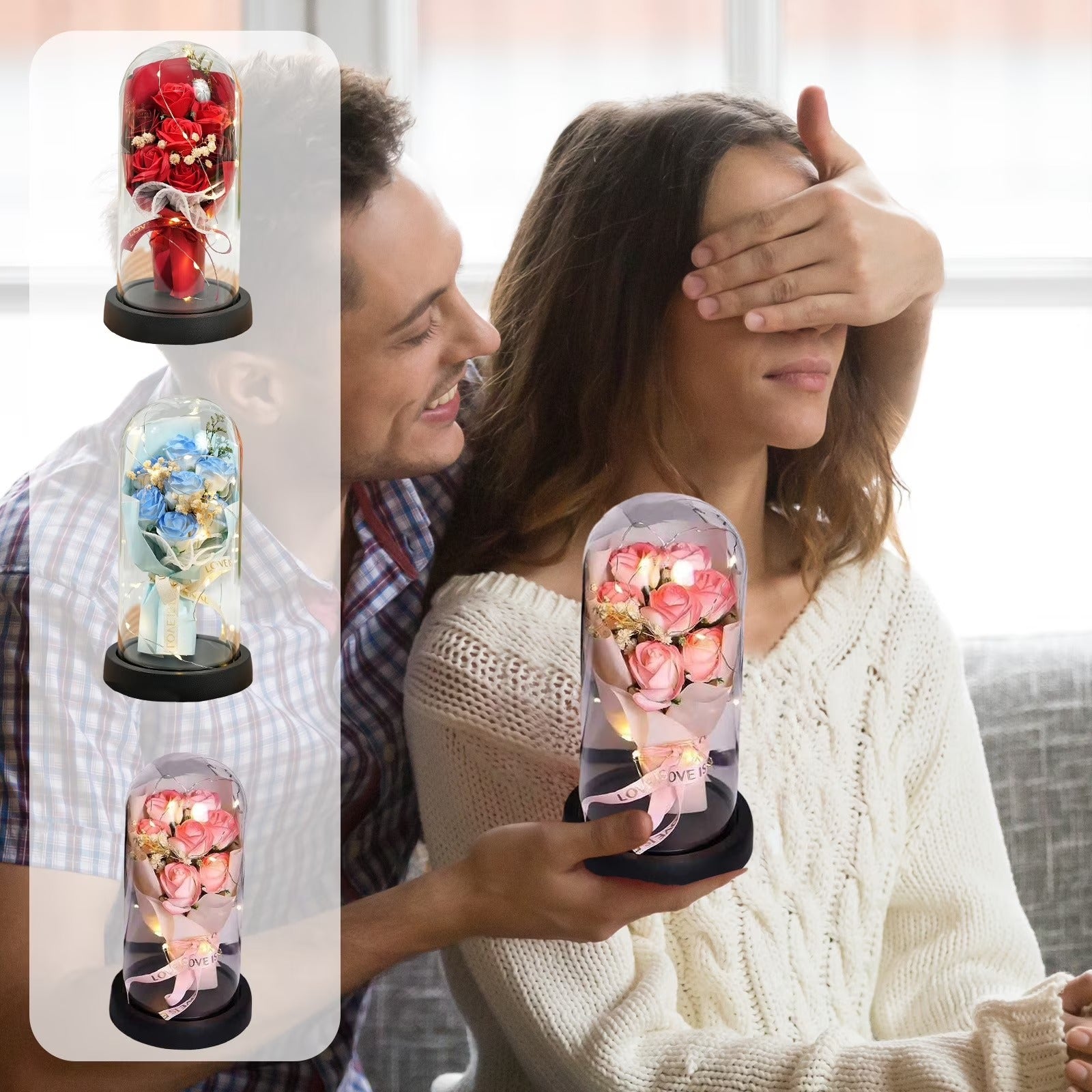 Preserved 7 Flower Rose Glass Dome with USB LED – Bouquet Gift for Couples
