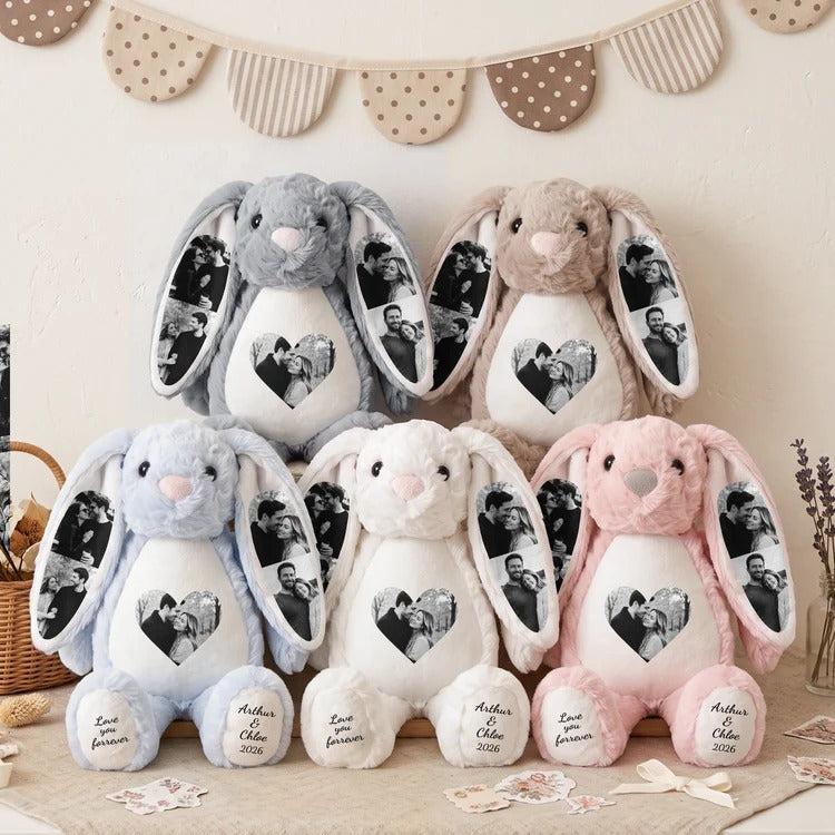 Couple Custom Photo Bunny Plush — Personalized Stuffed Rabbit, Anniversary Valentine Birthday Gift for Her or Him