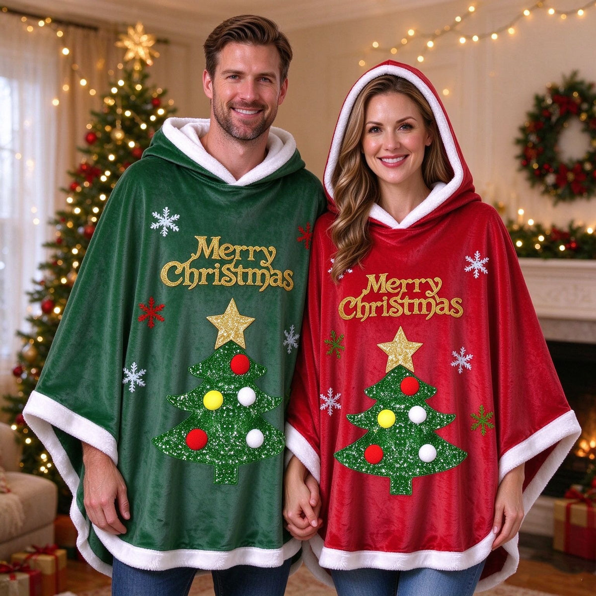 Custom Red or Green Christmas Capes for Family – Holiday Cloak for Adults & Kids, Matching Party Outerwear for Couples, Parents & Children
