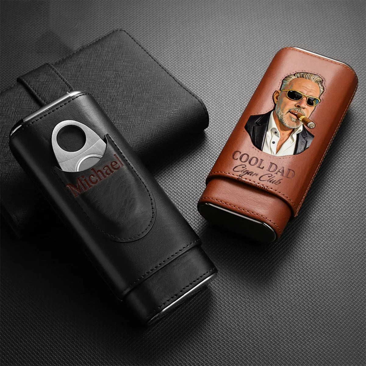 Custom Leather Photo Cigar Case for Dad | Personalized Travel Humidor with Cutter for Father's Day
