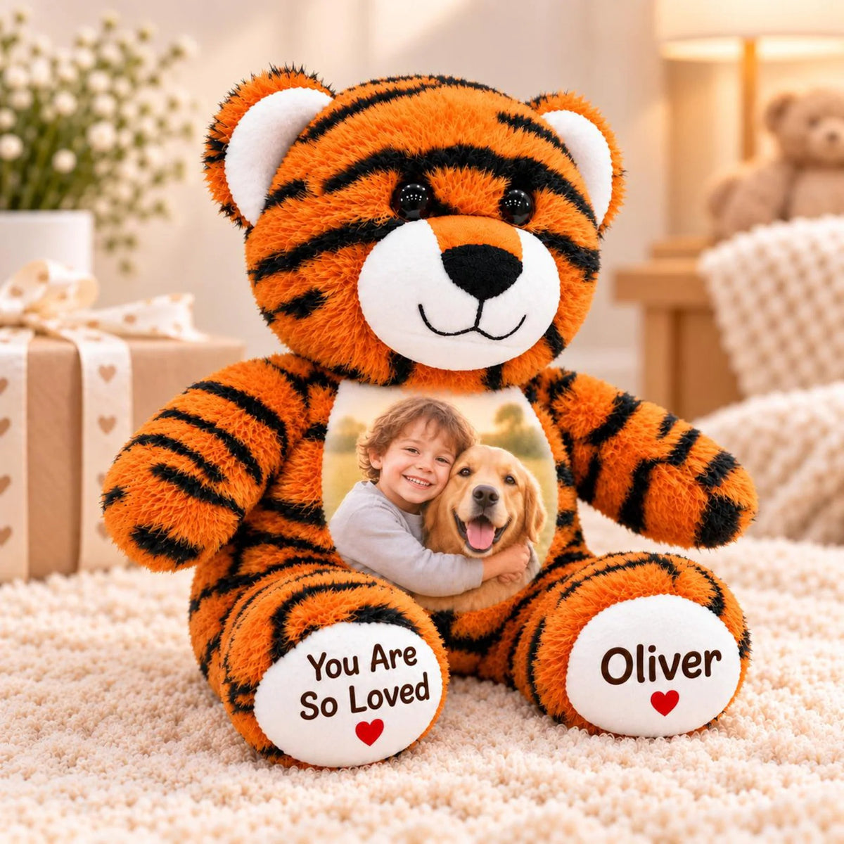 Custom Photo Tiger Plush Stuffed Animal — Personalized Name Toy, Birthday Keepsake, Christmas Gift for Child & Kids Gift