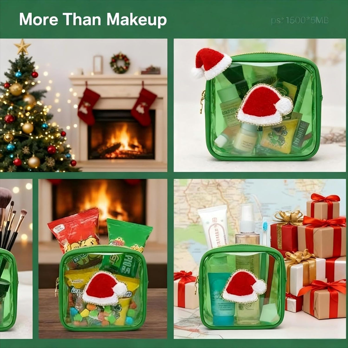 Christmas Makeup Bags — Clear Preppy Patch Zipper Pouches, Festive Holiday Cosmetic Organizer