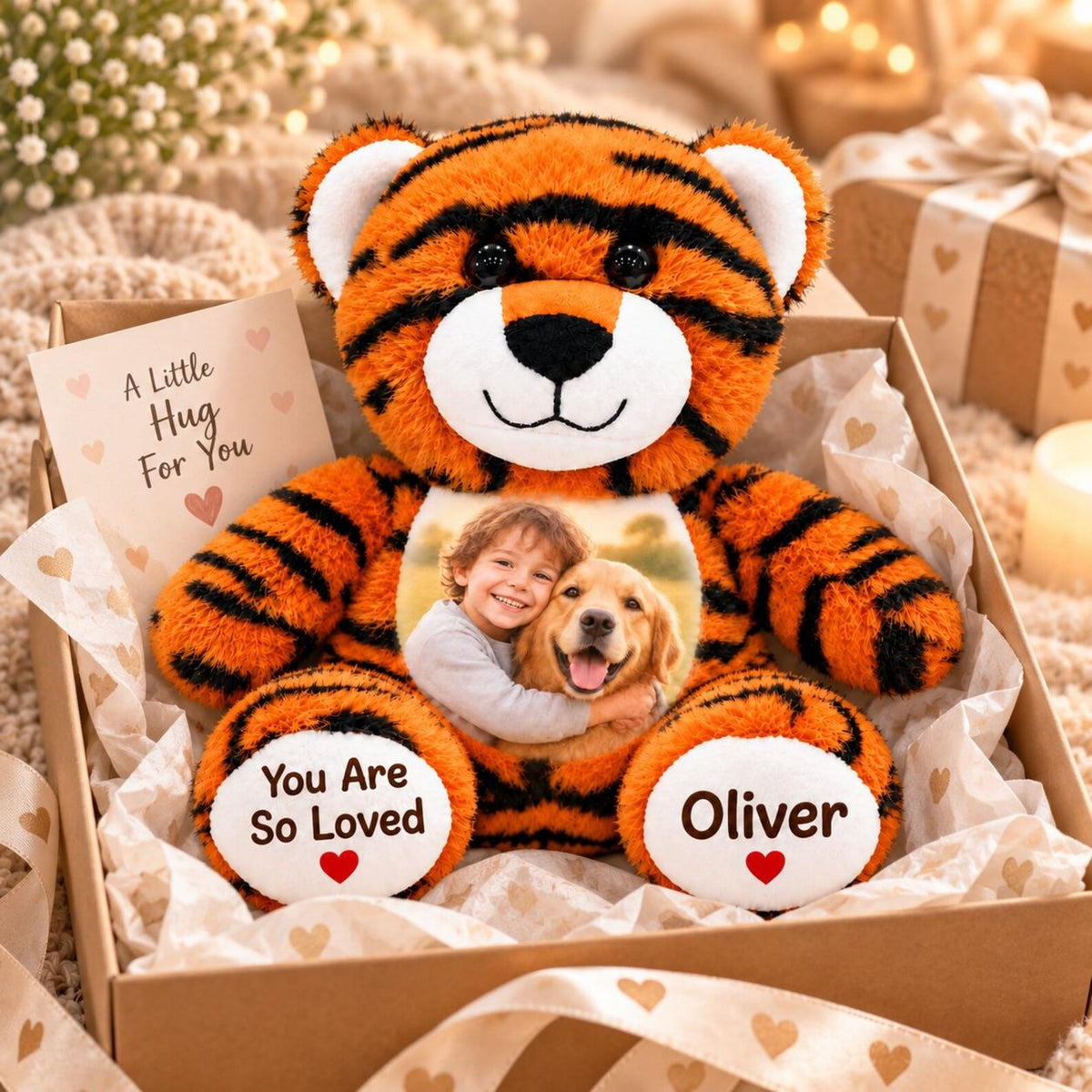 Custom Photo Tiger Plush Stuffed Animal — Personalized Name Toy, Birthday Keepsake, Christmas Gift for Child & Kids Gift