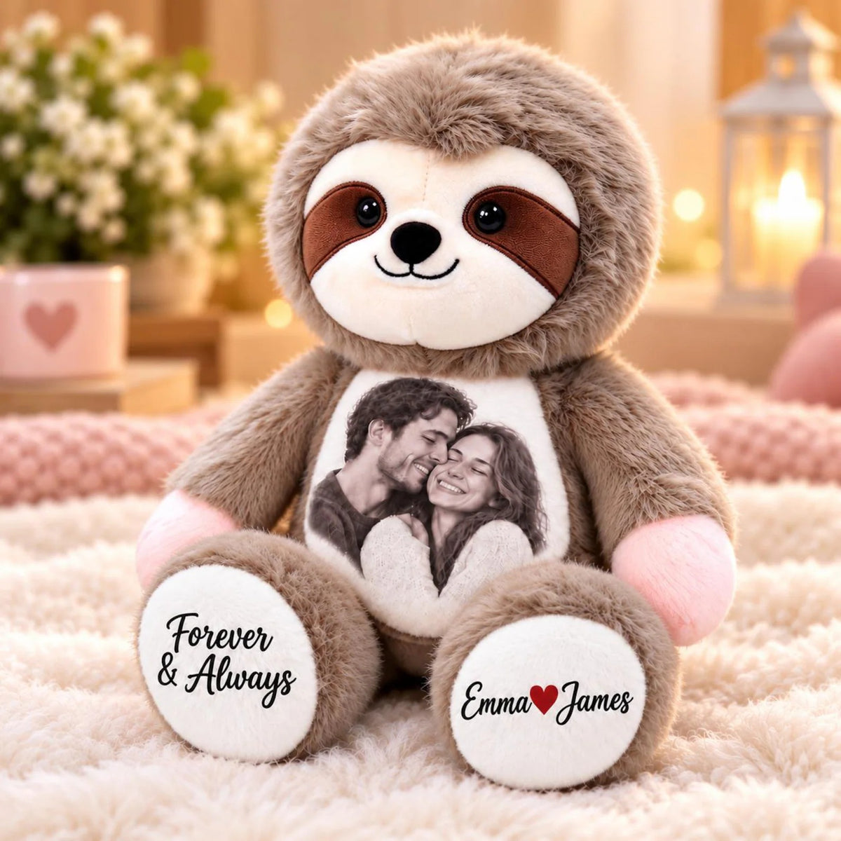 Custom Couple Memory Sloth Plush — Personalized Photo Keepsake, Romantic Gift for Her or Him, Anniversary Valentine Christmas Gift
