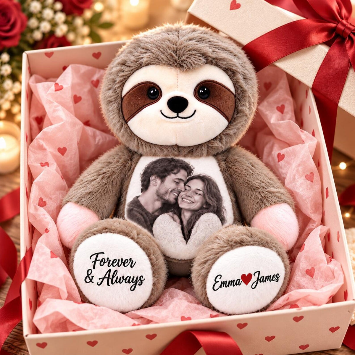 Custom Couple Memory Sloth Plush — Personalized Photo Keepsake, Romantic Gift for Her or Him, Anniversary Valentine Christmas Gift
