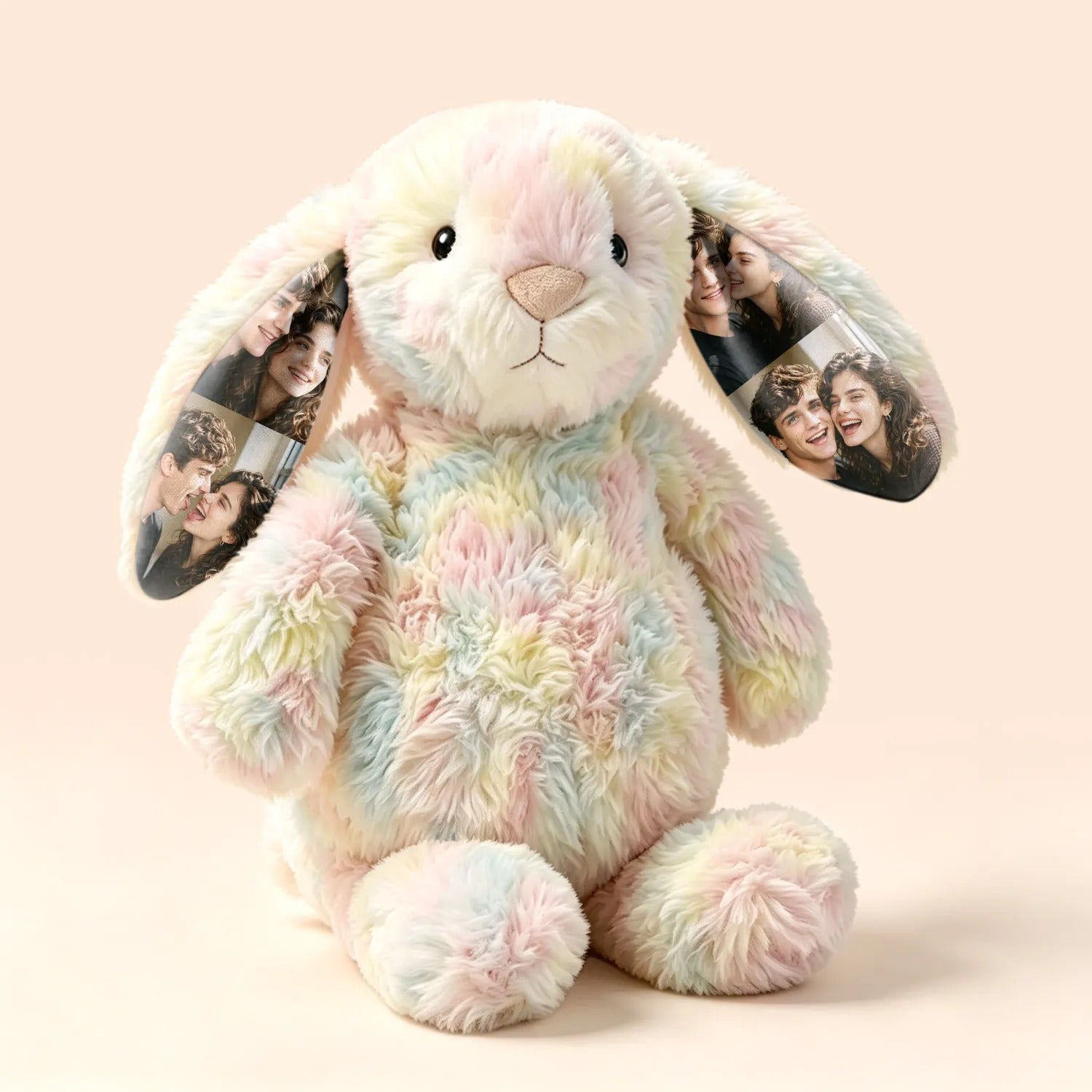 Custom Photo Rainbow Bunny Stuffed Animal – Personalized Plush Toy with Photo Ears, Perfect Couples Anniversary Gift
