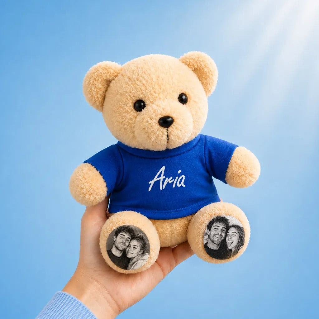 Custom Plush Teddy Bear with Custom Photo Feet & Name Shirt – Cute Custom Plush Gift for Couples, Kids & Loved Ones