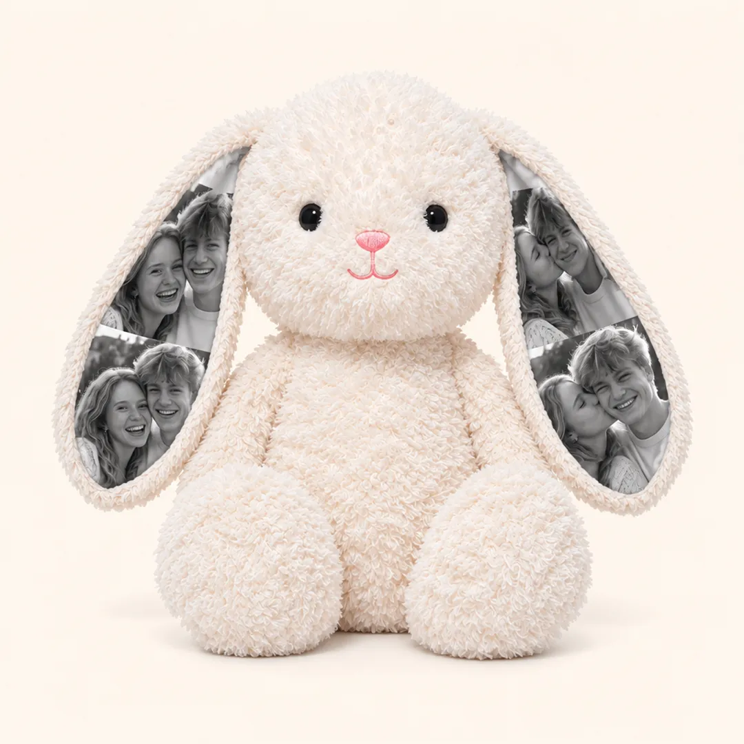 Personalized Photo Bunny Stuffed Animal – Custom Picture Plush Rabbit in Multiple Colors with Photo Ears for Birthdays & Valentines