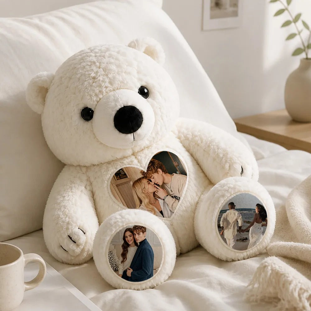 Custom Heart Photo Plush Polar Bear with Foot Picture — Personalized Anniversary Gift for Couples