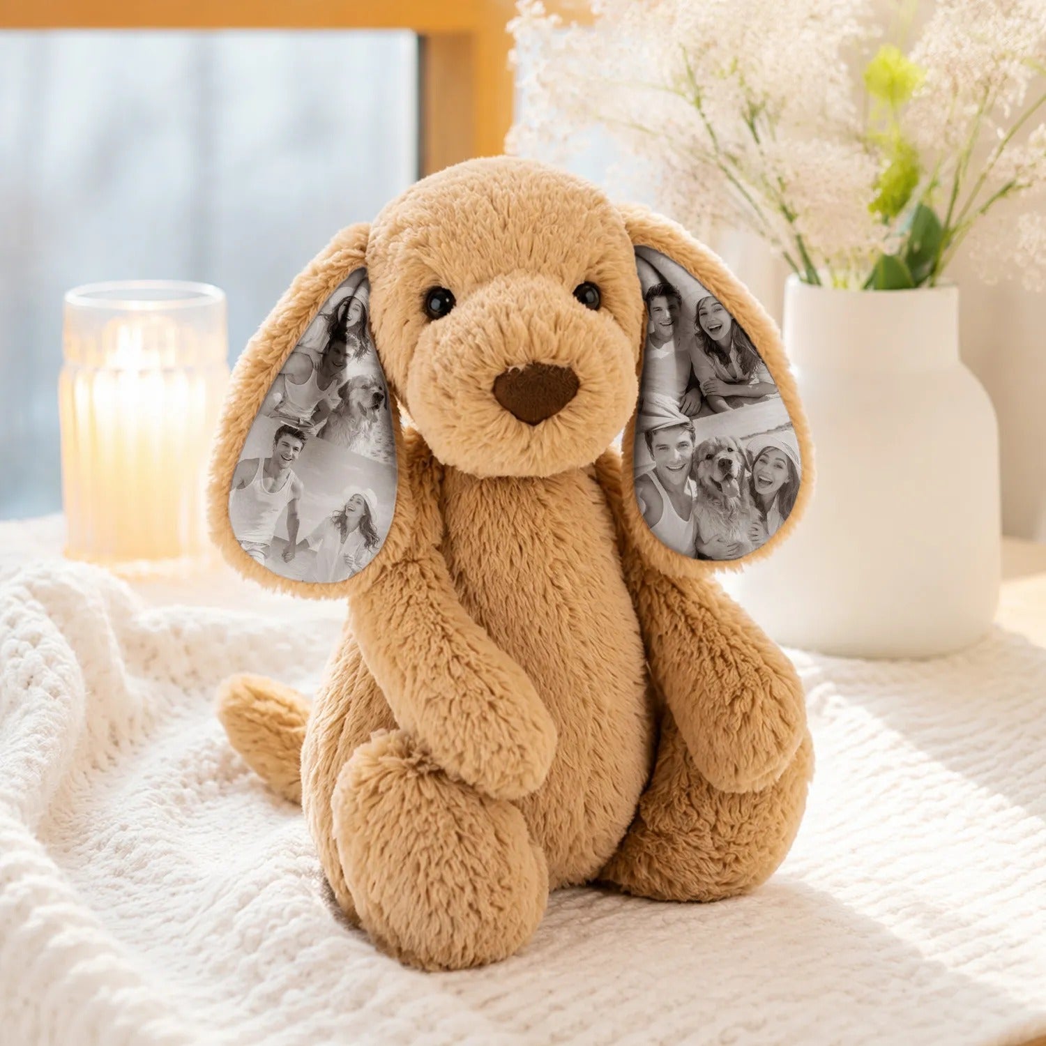 Custom Photo Plush Dog Personalized Stuffed Animal with Memory Ears, Unique Collage Gift for Couples, Romantic Gifts