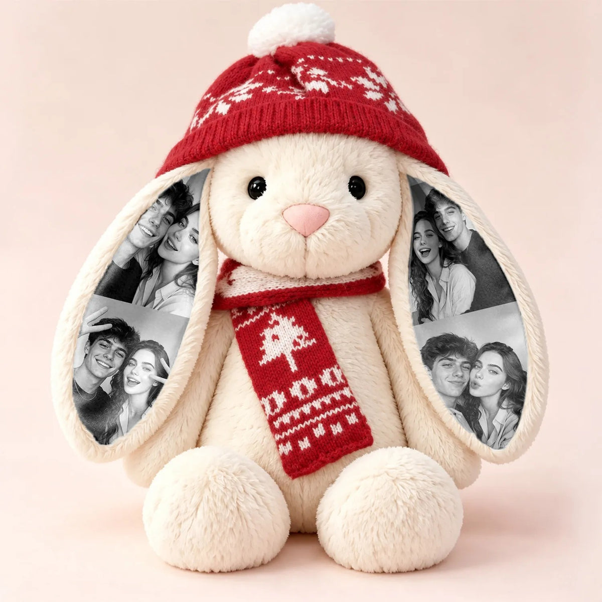 Custom Long-Ear Bunny Plush Doll with Christmas Snowflake Beanie Hat & Tree Scarf